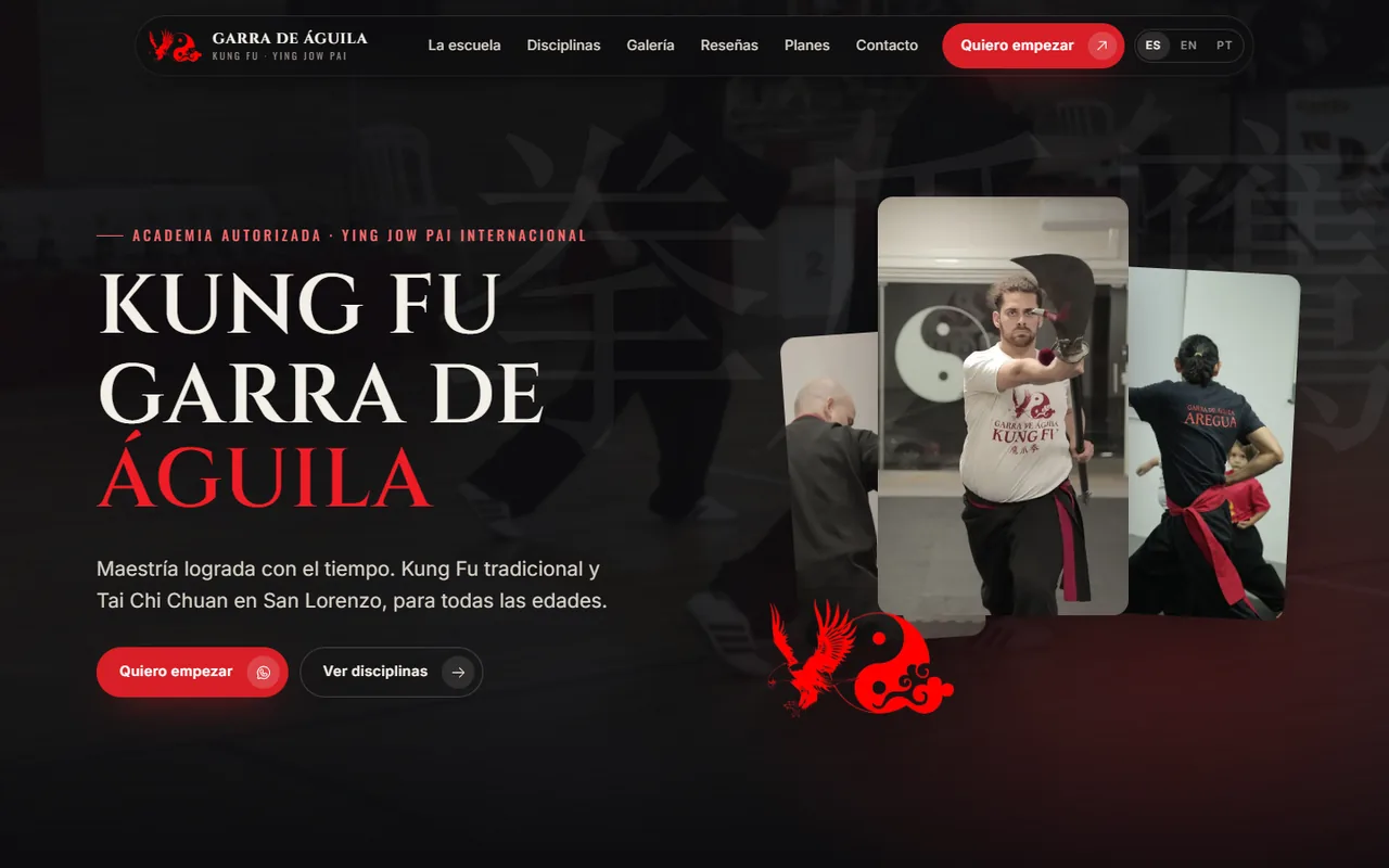 Portada de garradeaguila.com en una computadora: titular Kung Fu Garra de Águila con fotos de la academia